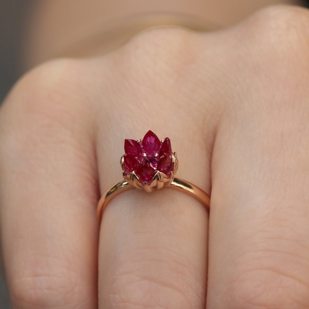 Pembe Lotus Çiçeği Rose Altın Yüzük