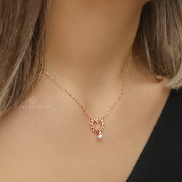 İncili Kalp Rose Altın Kolye