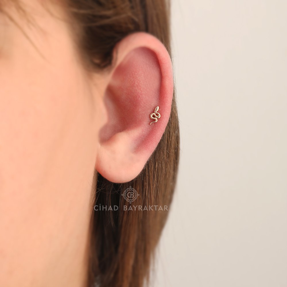 Yılan Figürlü Tragus Altın Küpe