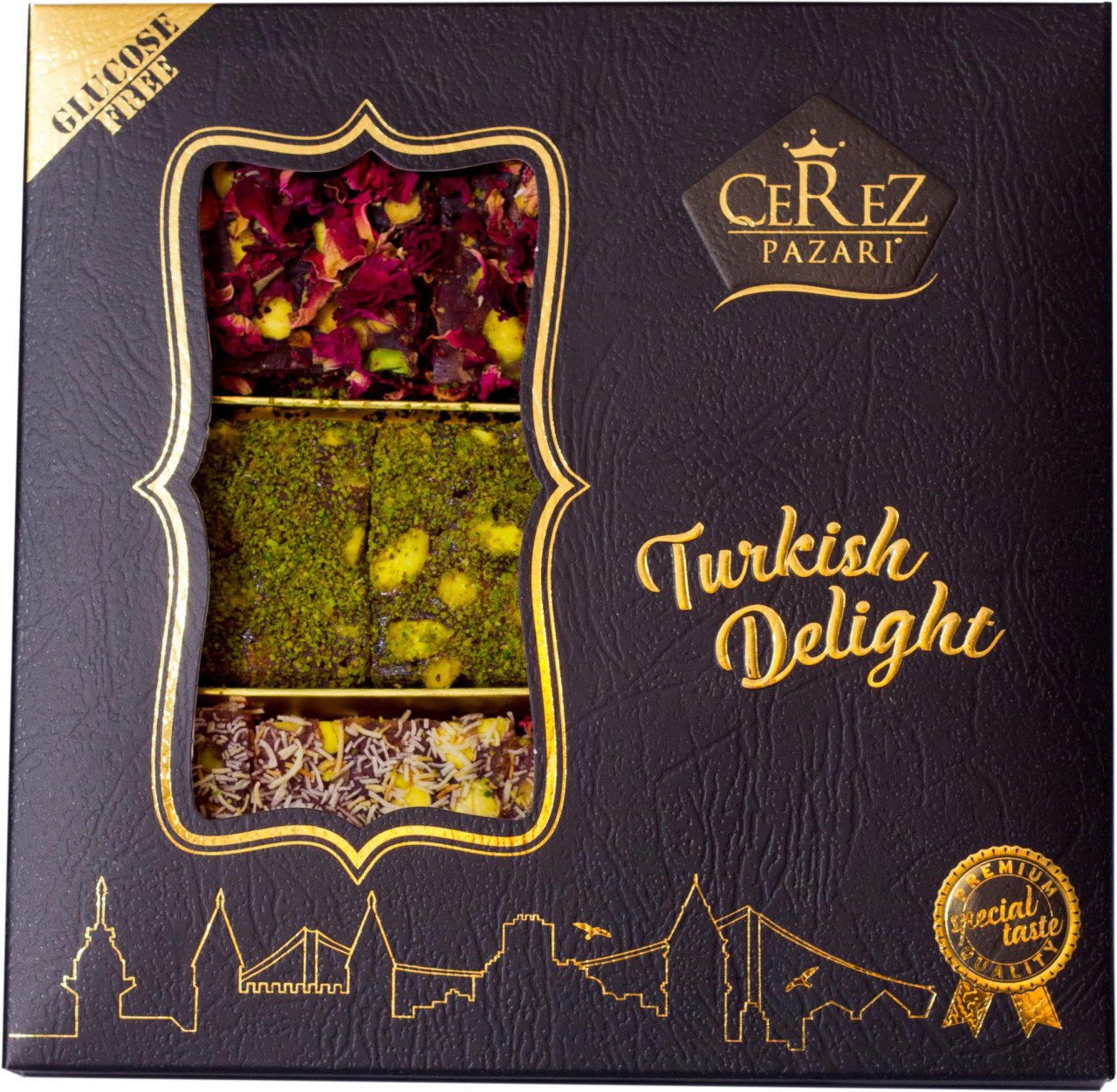 Bol Antep Fıstıklı Karışık Kral Lokum Hediyelik Deri Desenli Kutuda 250gr - Vegan, Glikozsuz Lokum