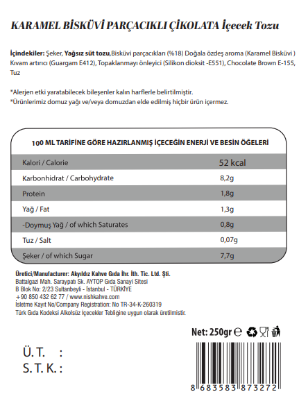 Nish Karamel Bisküvi Parçacıklı Aromalı Toz İçecek 250 Gr