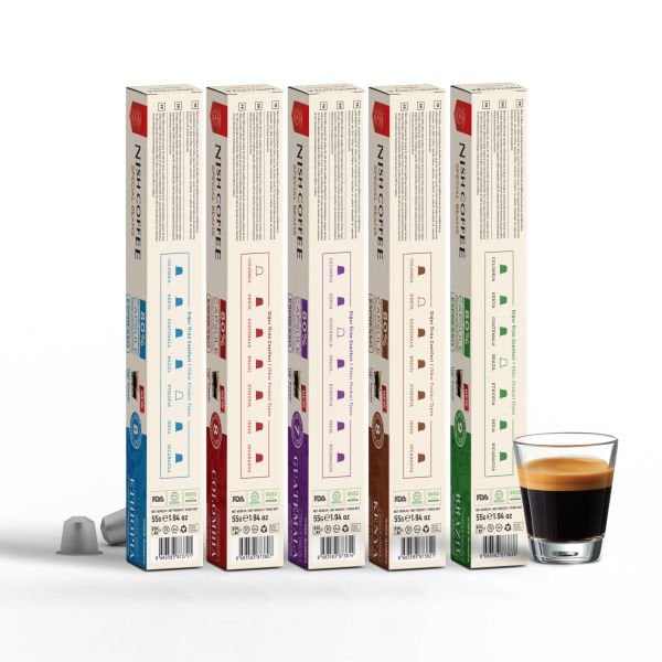 Nish Coffee Single Orijin Kapsül Kahve 5'li Set (Ethiopia,Colombia,Guatemala,Kenya,Brasil)-50 Kapsül