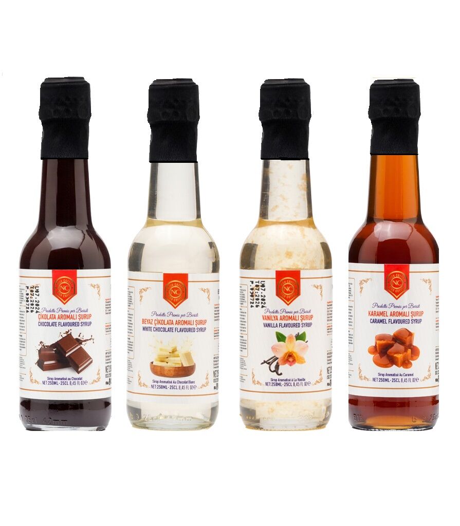 Nish Karamel, Vanilya, Çikolata, Beyaz Çikolata Aromalı Şurup 4'lü Set (4x250 ML) - Pet Şişe