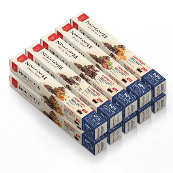Nish Coffee Aromalı Kapsül Kahve 10'lu Set (2xKaramel-2xVanilya-2xÇikolata-2xFındık-2xPortakal)  - 100 Adet