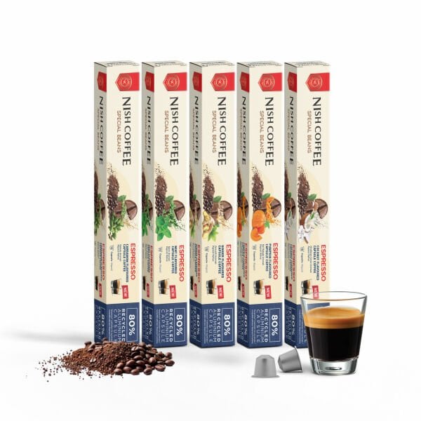 Nish Coffee Aromalı Kapsül Kahve 5'li Set (Kakule-Nane-Zencefil-Bal Kabağı-Hindistan Cevizi) - 50 Adet