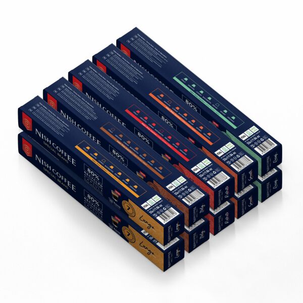 Nish Coffee Nespresso Uyumlu Kapsül Kahve 10'lu Set (2xLungo,2xItaly,2xRisteretto,2xSmooth,2xDecaf)-100 Adet