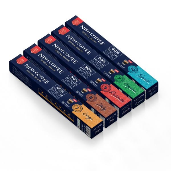 Nish Coffee Nespresso Uyumlu Kapsül Kahve 5'li Set (Lungo,Italy,Risteretto,Sport, Organik)-50 Adet