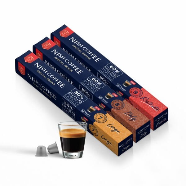 Nish Coffee Nespresso Uyumlu Kapsül Kahve 3'lü Set (Lungo,Italy,Risteretto)-30 Adet