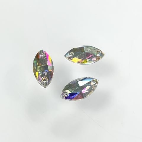 Mekik 18x9mm Dikme Cam Taş Crystal AB - Janjan Renkli Mekik İki Delikli Dikme Taş