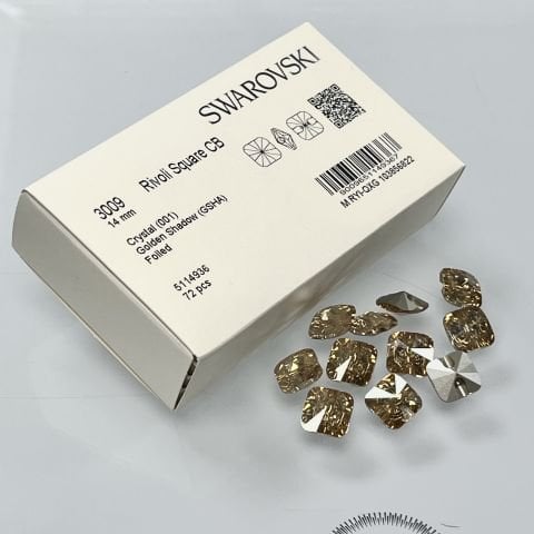 Swarovski 3009 Düğme 14mm Crystal Golden Shadow (001GSHA) Foyalı - Kare Parlak Altın Alttan Dikilebilir Düğme
