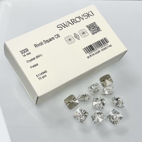 Swarovski 3009 Düğme 14mm Crystal (001) Foyalı - Kare Beyaz Alttan Dikilebilir Düğme