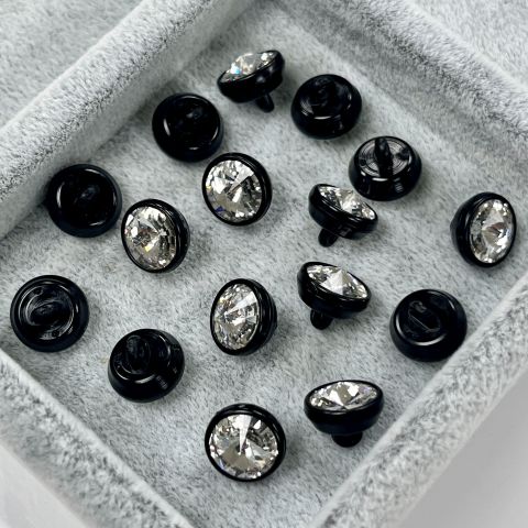 Swarovski Siyah Plastik Çerçeveli Rivoli Kristal Taşlı Düğme - 8mm