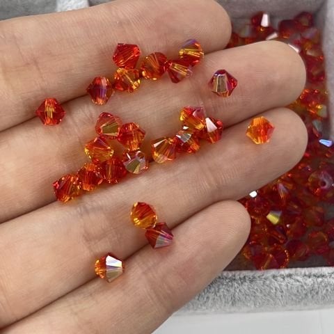 Swarovski 5328 Bicone Boncuk 5mm Fireopal AB (237AB) - Turuncu Kırmızı Karışık Renkli Kesme Boncuk