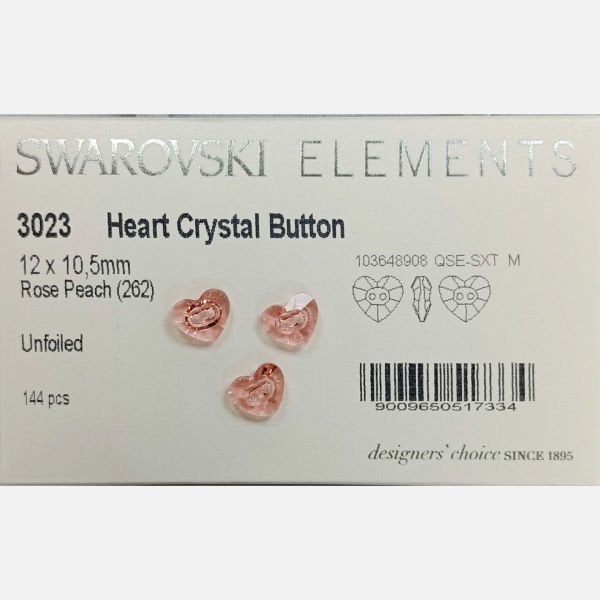 Swarovski 3023 Düğme 12mm Rose Peach (262) - Kalp Şeffaf Pembe Ortadan Dikilebilir Düğme