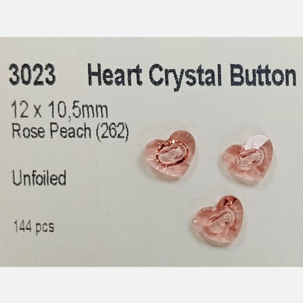 Swarovski 3023 Düğme 12mm Rose Peach (262) - Kalp Şeffaf Pembe Ortadan Dikilebilir Düğme