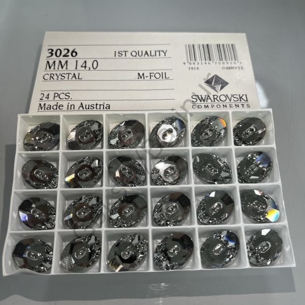 3026 20x14mm Crystal (001) M - Beyaz Oval Düğme Metalik Foyalı