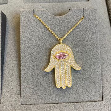 Fatma Ana Eli Hamsa Pembe Taşlı Gümüş Kolye