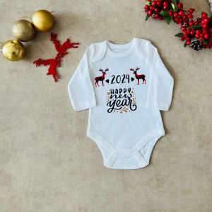 İsme Özel Yeni Yıl Temalı - Özel Tasarım Bebek Body/Zıbın Baby Bodysuit Kısa Kollu - 1 yaş