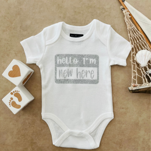 Hello I'm New Here (Simli Gri) - Özel Tasarım Bebek Body/Zıbın Baby Bodysuit
