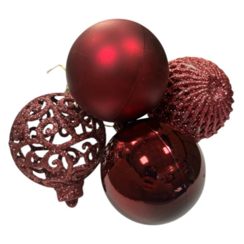 Yılbaşı Top Süs Asetat Kutulu Desenli Karışık 6 Cm Bordo 20'li