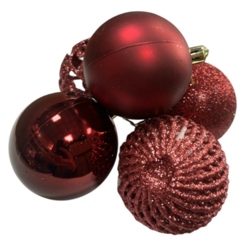 Yılbaşı Top Süs Asetat Kutulu Desenli Karışık 6 Cm Bordo 20'li