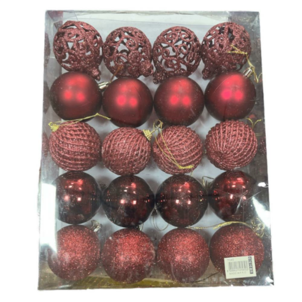 Yılbaşı Top Süs Asetat Kutulu Desenli Karışık 6 Cm Bordo 20'li