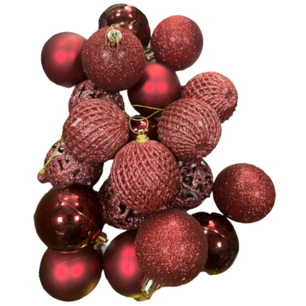 Yılbaşı Top Süs Asetat Kutulu Desenli Karışık 6 Cm Bordo 20'li