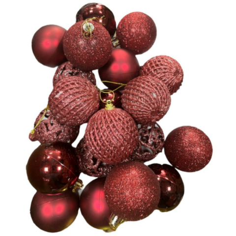 Yılbaşı Top Süs Asetat Kutulu Desenli Karışık 6 Cm Bordo 20'li