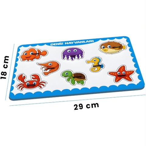 Deniz Hayvanları Ahşap Puzzle – 8 Parça Yuvalı Eğitici Yapboz (29×18 Cm, Okul Öncesi )