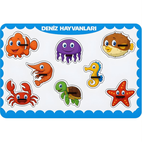 Deniz Hayvanları Ahşap Puzzle – 8 Parça Yuvalı Eğitici Yapboz (29×18 Cm, Okul Öncesi )