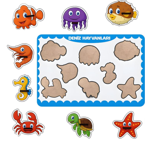 Deniz Hayvanları Ahşap Puzzle – 8 Parça Yuvalı Eğitici Yapboz (29×18 Cm, Okul Öncesi )