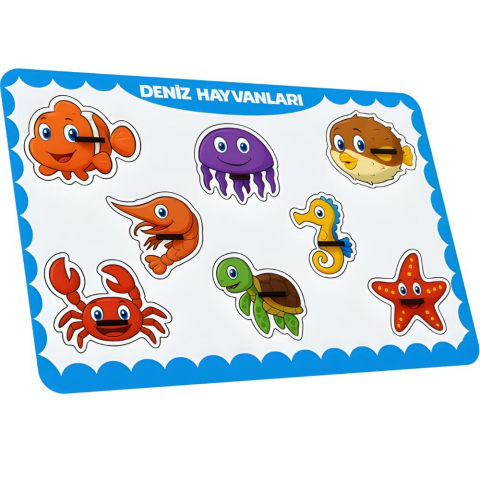 Deniz Hayvanları Ahşap Puzzle – 8 Parça Yuvalı Eğitici Yapboz (29×18 Cm, Okul Öncesi )