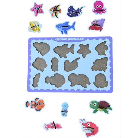 Okyanus Hayvanları Ahşap Puzzle – 12 Parça Kulplu Yuvalı Eğitici Yapboz (29×18 Cm, Okul Öncesi )