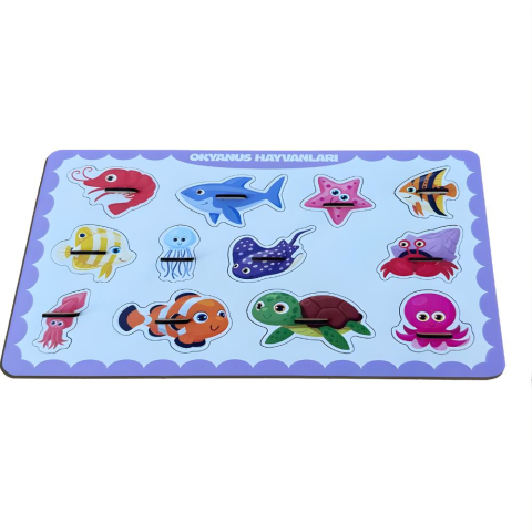 Okyanus Hayvanları Ahşap Puzzle – 12 Parça Kulplu Yuvalı Eğitici Yapboz (29×18 Cm, Okul Öncesi )