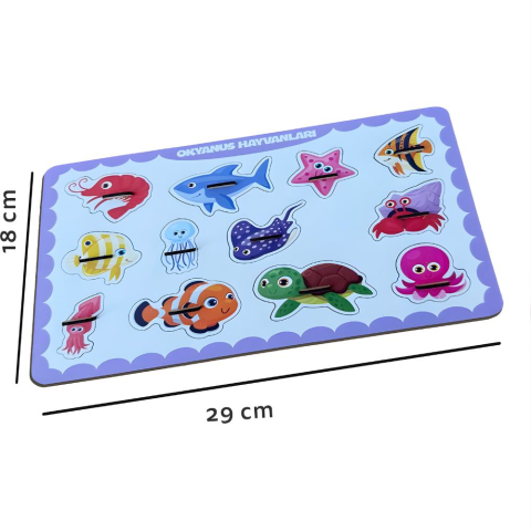 Okyanus Hayvanları Ahşap Puzzle – 12 Parça Kulplu Yuvalı Eğitici Yapboz (29×18 Cm, Okul Öncesi )