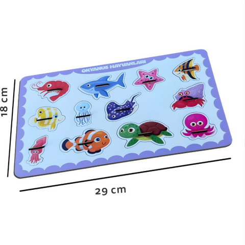 Okyanus Hayvanları Ahşap Puzzle – 12 Parça Kulplu Yuvalı Eğitici Yapboz (29×18 Cm, Okul Öncesi )