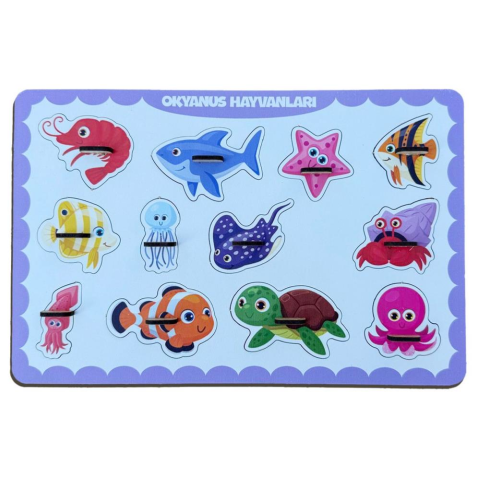 Okyanus Hayvanları Ahşap Puzzle – 12 Parça Kulplu Yuvalı Eğitici Yapboz (29×18 Cm, Okul Öncesi )