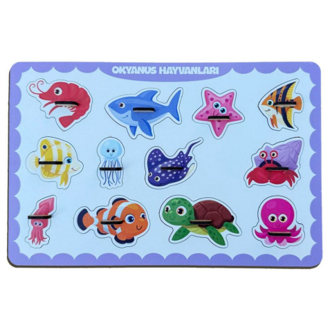 Okyanus Hayvanları Ahşap Puzzle – 12 Parça Kulplu Yuvalı Eğitici Yapboz (29×18 Cm, Okul Öncesi )