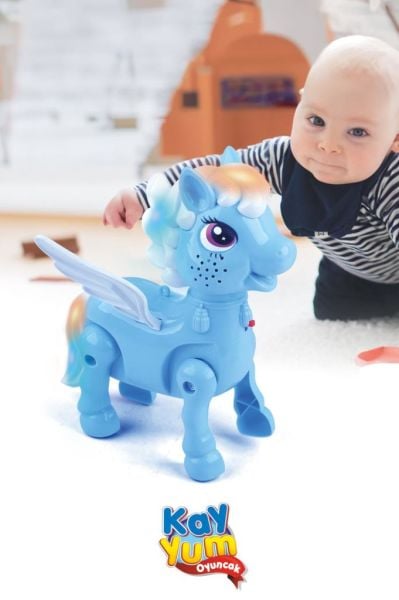 Işıklı Sesli Pilli Yürüyen At Oyuncağı Pony Oyuncağı Pembe ve Mavi