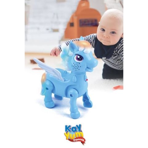 Işıklı Sesli Pilli Yürüyen At Oyuncağı Pony Oyuncağı Pembe ve Mavi