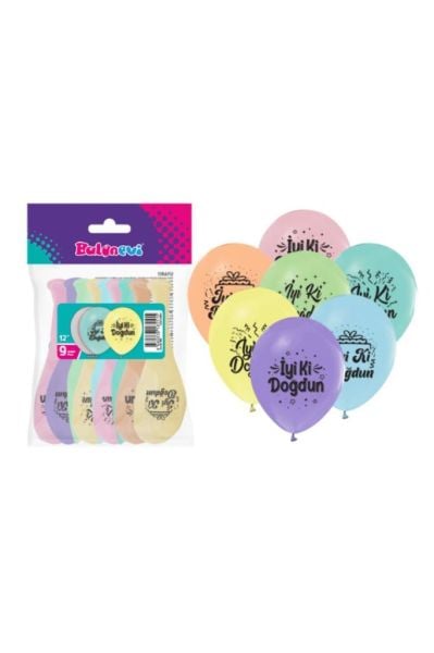 1+1 İYİKİ DOĞDUN BASKILI 12'' MAKARON BALON 9 ADET