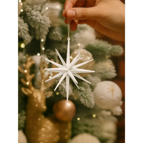 Yılbaşı Ağaç Süsü 3D Simli Kutup Yıldızı Asılabilir Dekoratif Süs Beyaz 14 cm