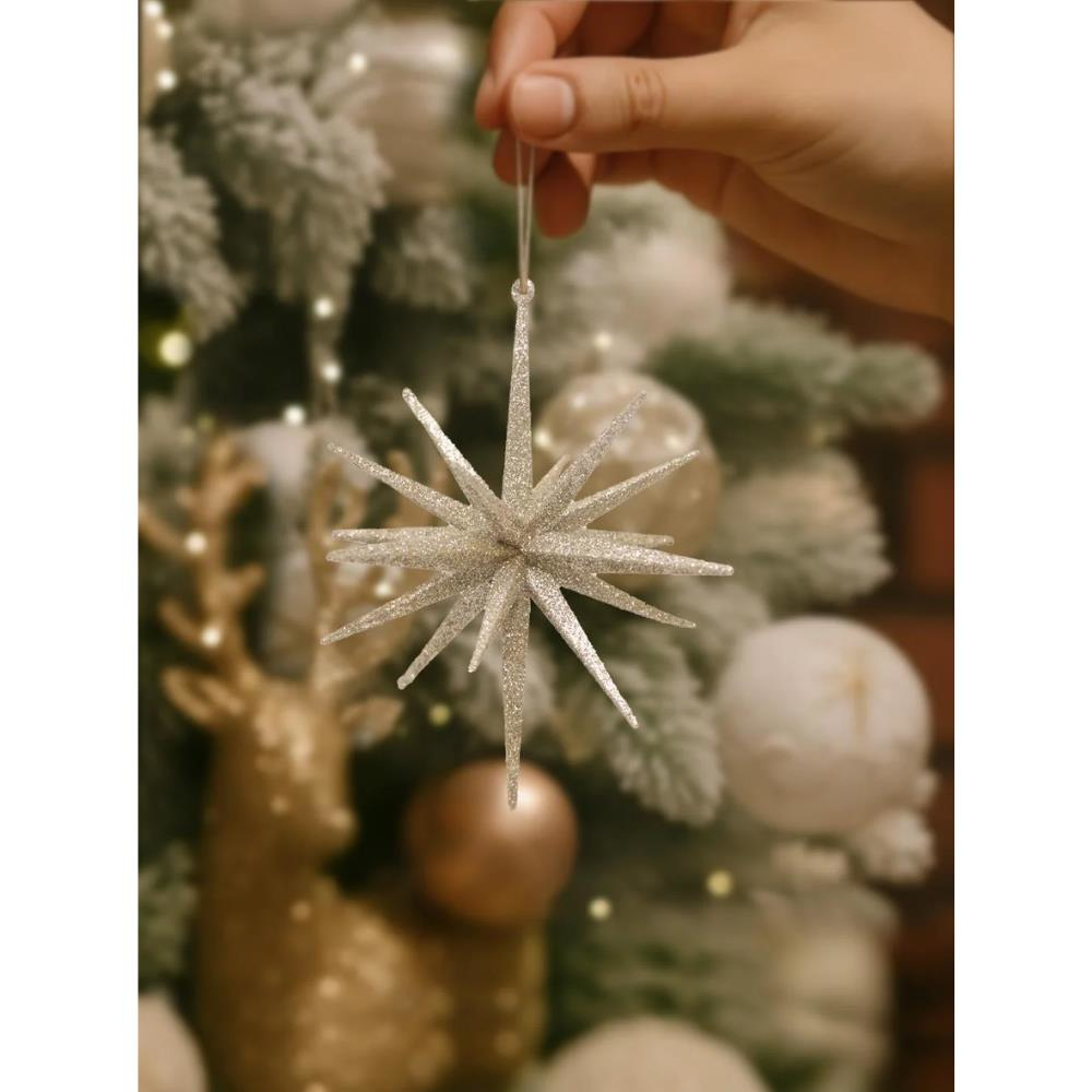 Yılbaşı Ağaç Süsü 3D Simli Kutup Yıldızı Asılabilir Dekoratif Süs Şampanya 14 cm