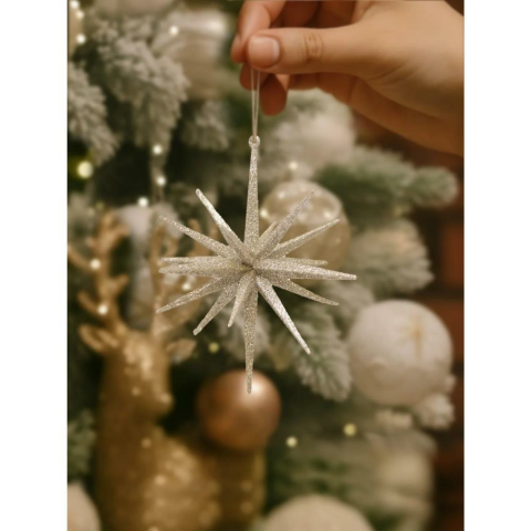 Yılbaşı Ağaç Süsü 3D Simli Kutup Yıldızı Asılabilir Dekoratif Süs Şampanya 14 cm