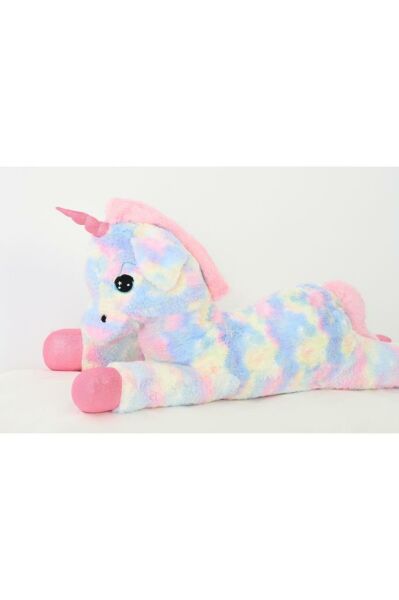 Pufu Toys Peluş Uzanan Rengarenk Unicorn Oyun Ve Uyku Arkadaşı Yastık 80 Cm