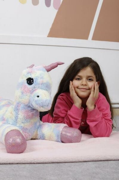 Pufu Toys Peluş Uzanan Rengarenk Unicorn Oyun Ve Uyku Arkadaşı Yastık 80 Cm