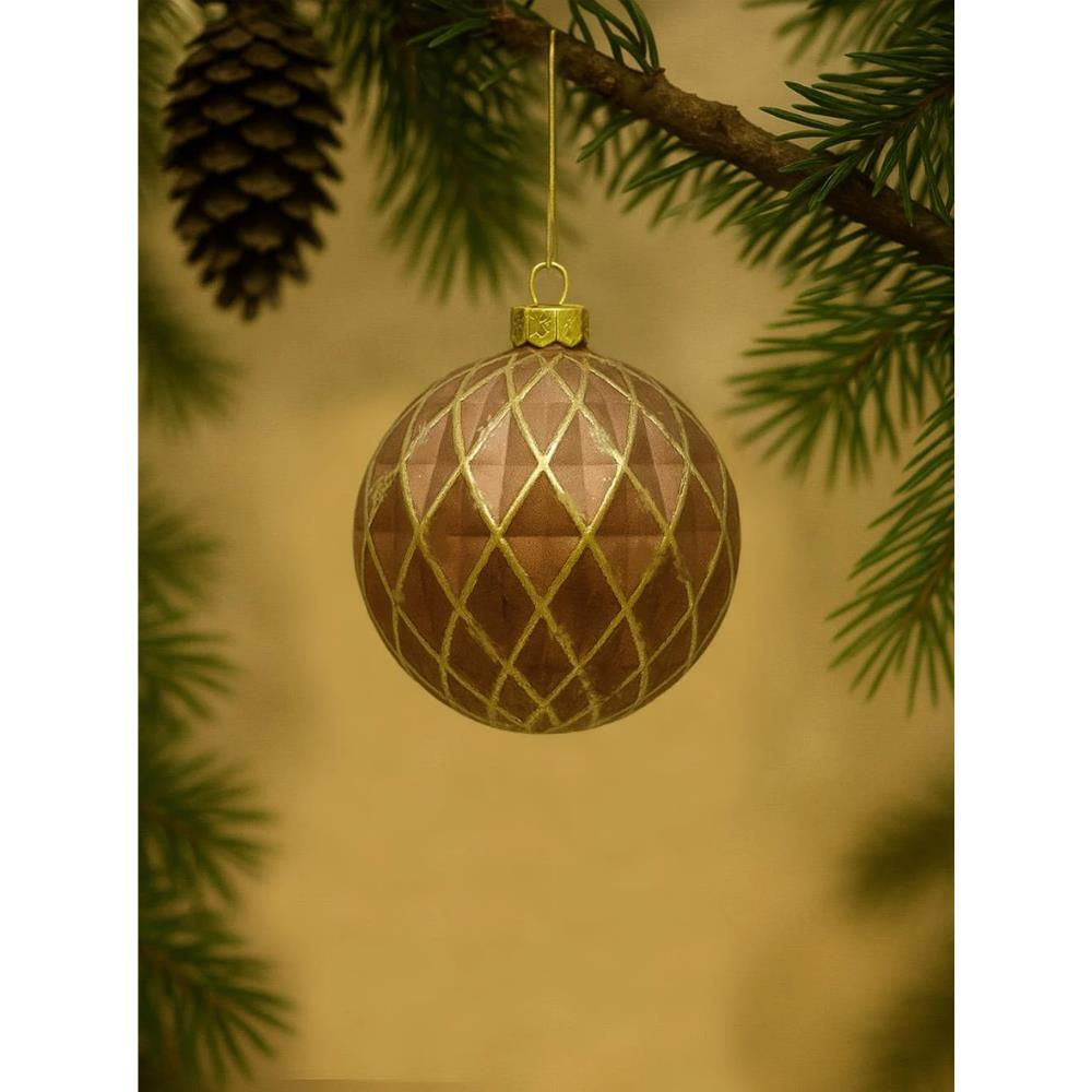 Yılbaşı Topu Altın Eskitme Detaylı Geometrik Form Çam Ağacı Süsü Bakır 8 cm 3'lü