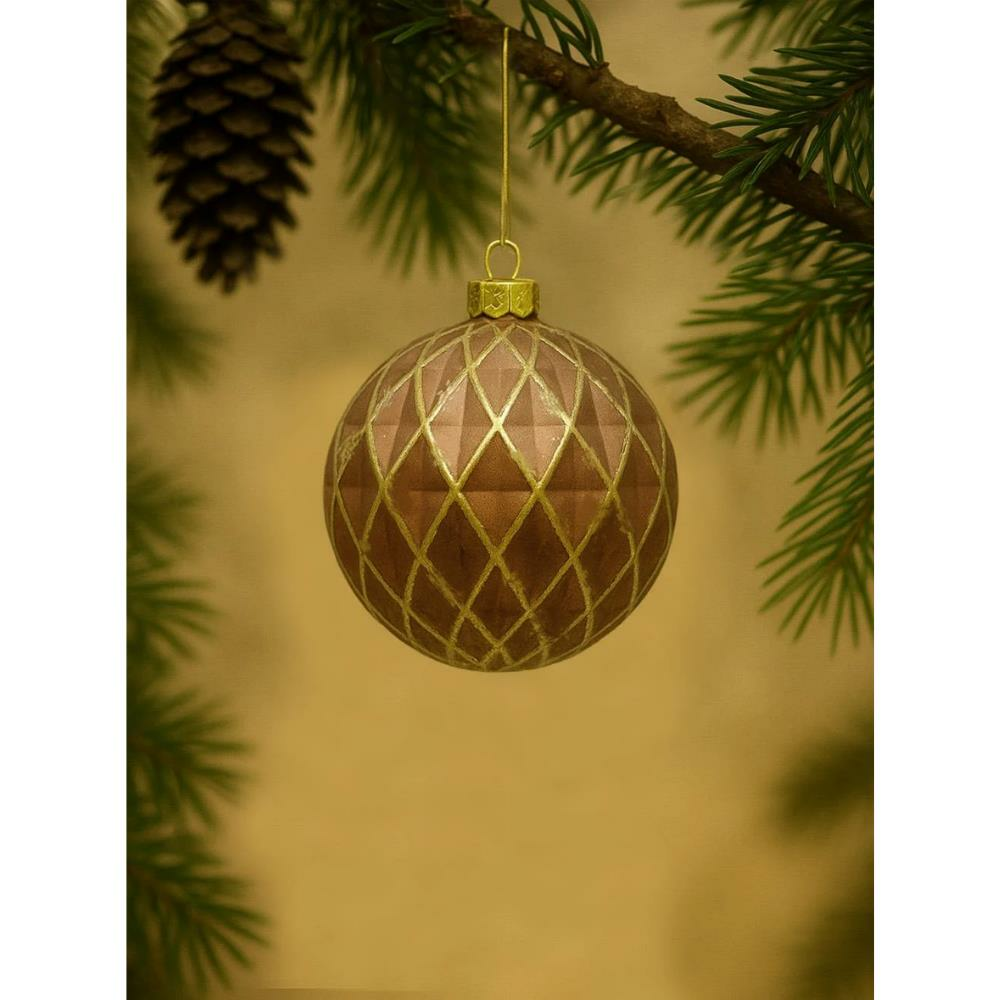 Yılbaşı Topu Altın Eskitme Detaylı Geometrik Form Çam Ağacı Süsü Bakır 8 cm 3'lü