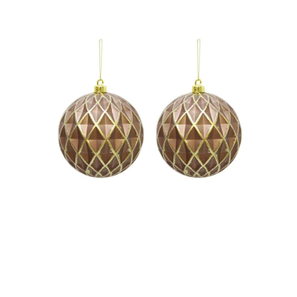 Yılbaşı Topu Altın Eskitme Detaylı Geometrik Form Çam Ağacı Süsü Bakır 10 cm 2'li
