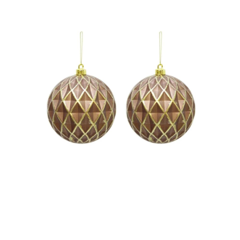 Yılbaşı Topu Altın Eskitme Detaylı Geometrik Form Çam Ağacı Süsü Bakır 10 cm 2'li